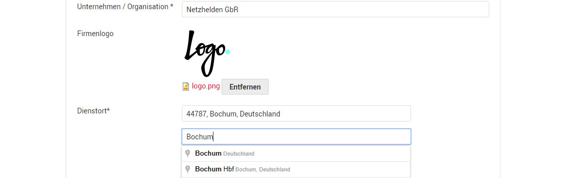 Unternehmen und Einsatzort festlegen
