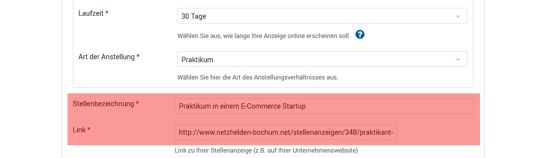 Link zur Stellenanzeige eingeben